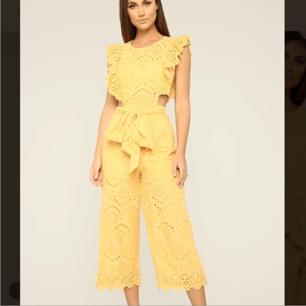 Fashion Nova Yellow Eyelet Tie-Waist Jumpsuit with Ruffle Shoulders